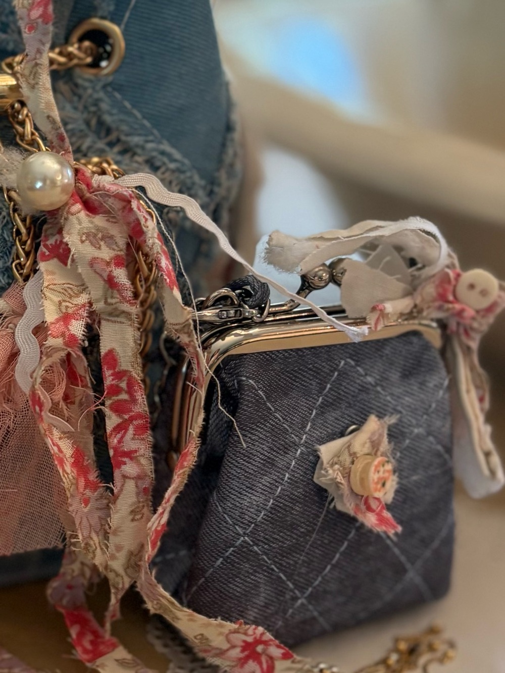 Denim and quilted purse with coordinating coin purse.  Up cycled bag. - Picture 5 of 14